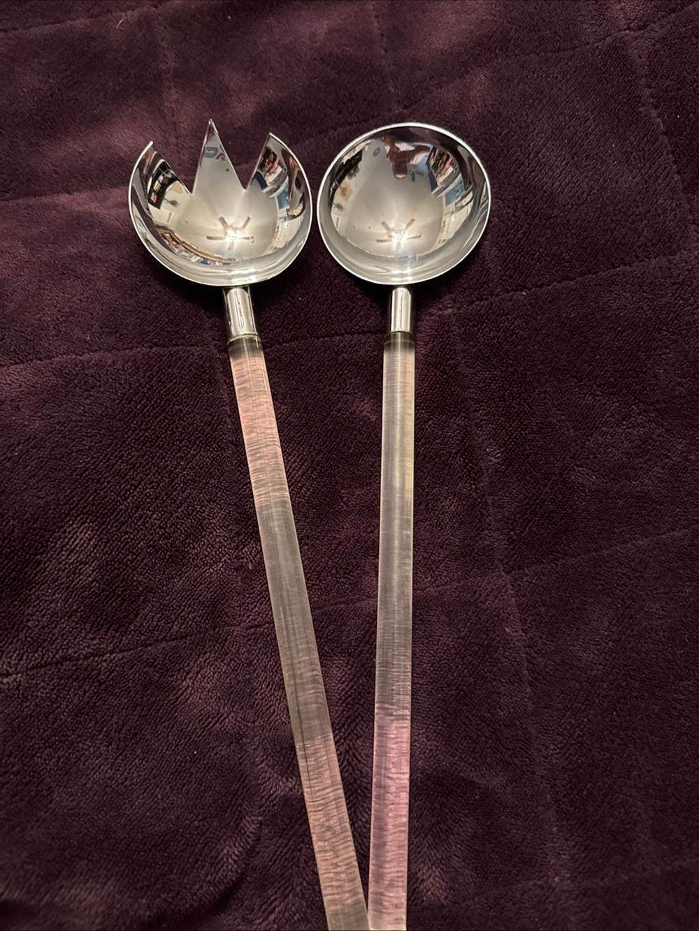 Vintage mid century Clear Handle Chrome Salad Serving Set - 2-Piece
